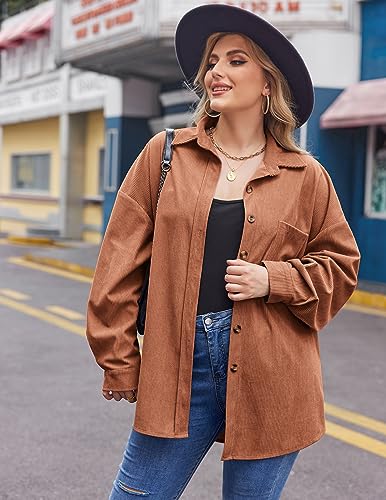 IN'VOLAND Plus Size Women Corduroy Button Up Shirts Shacket Long Sleeve Oversized Blouses Tops Casual Collared Jacket Purple