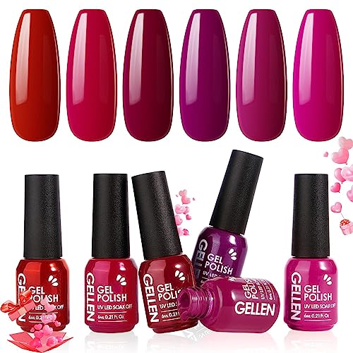 Gellen Gel Nail Polish - Red Burgundy 6PC Gel Polish Set, Hot Pink Purple Nail Polish Gel Manicure Nail Gifts Valentine's Day for Women