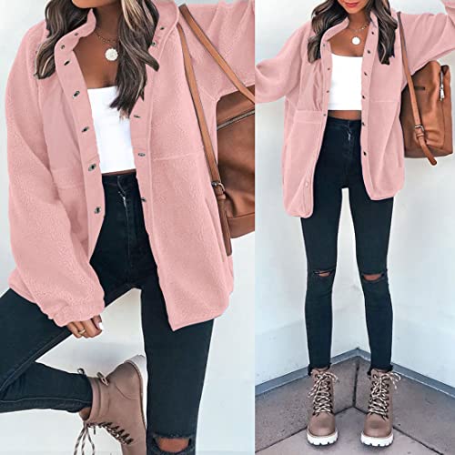 ZESICA Women's Fall Winter Sherpa Fleece Jacket Casual Long Sleeve Button Down Fuzzy Shacket Outerwear Coat,Apricot,Small