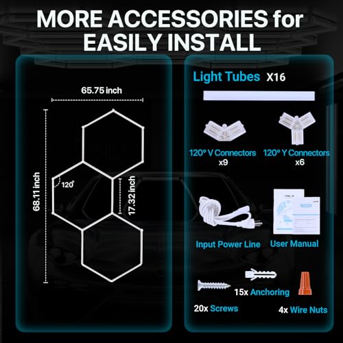HYPERLITE Hexagon Garage LED Light, Upgraded 3 Level Dimmable 96W 9900LM Super Bright Garage Detailing Lights, 16 Pack Hexagon Shop Lights, Hexagon LED Lights for Garage, Gym, Shop
