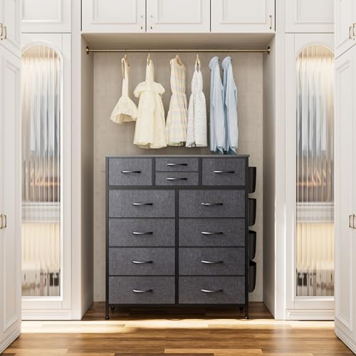 Black Dresser for Bedroom, Dresser & Chest of Drawers w/Side Pockets and Hooks, 12 Drawers Fabric Dresser Organizer, Closet Dresser Storage Modern PU Finish for Kids Room, Hallway, Entryway