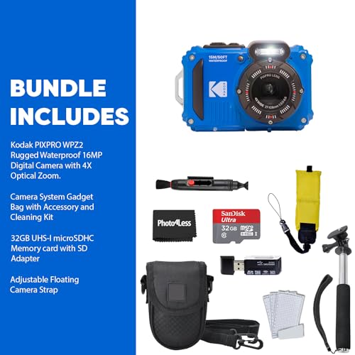 Kodak PIXPRO WPZ2 Rugged Waterproof Shockproof Digital Camera 16MP 4X Optical Zoom 1080P Full HD Video, 2.7 LCD (Blue), 32GB SD Card, Black Compact Camera Case, Floating Strap, Bundle (7 Items)