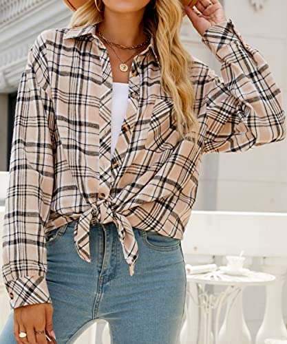 CHYRII Womens Button Down Flannel Shirts Long Sleeve Plaid Shacket Business Casual Blouse Topss Pink-7123 M
