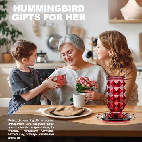 Glass Hummingbird Feeders for Outdoors, 25 Ounces Wild Bird Nectar Feeder with Perch & 5 Flower Feeding Ports Leak Proof Hanging for Garden Backyard Decor, Gifts for Women Mom, Red