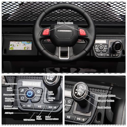 SEHOMY Kids Ride On Truck with Remote, 12V Battery Powered Electric Car for Kids - Two Seater with one Belt, Spring Suspension, LED Lights, Safety Belt, Music, 4 Wheels Kids Electric Vehicles Black