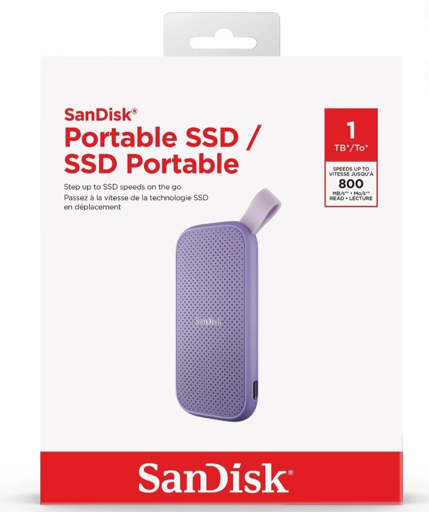 Sandisk 1TB Portable SSD - Lavender, Up to 800MB/s, USB-C, USB 3.2 Gen 2, External Solid State Drive - SDSSDE29-1T00-AWL