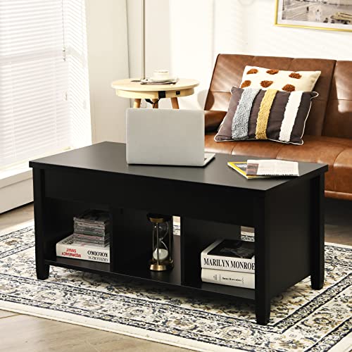Tangkula Wood Lift Top Modern Coffee Table w/Hidden Compartment and Open Storage Shelf for Living Room Office Reception Room (Black)