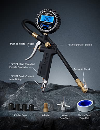 AstroAI Digital Tire Pressure Gauge with Inflator, 250 PSI Air Chuck & Compressor Accessories Heavy Duty with Quick Connect Coupler, 0.1 Display Resolution, Car Accessories, 1pack