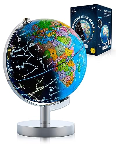 USA Toyz Illuminated Globe for Kids Learning- Globes of the World with Stand 3-in-1 STEM Kids Globe, Constellation Night Light Desk World Globe Lamp Built-in LED Light, Non-Tip Metal Base, 9.75” Tall
