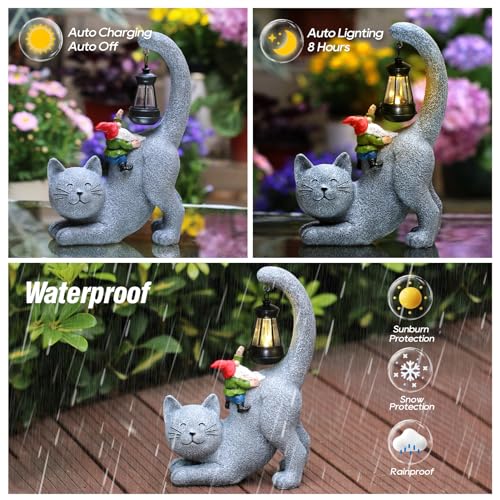 Snowrabbit Cat Statue Garden Decor with LED Lantern, Solar Cat Figurine for Outside -11" Tall Resin Kitten Yard Art Gifts for Mom,Birthday Gift for Women,Cat Statues for Garden,Patio,Yard Decoration