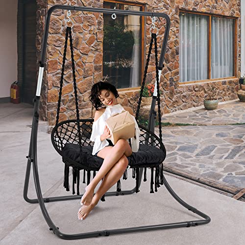 Homgava Hammock Chair Macrame Hanging Swing with Cushion,Hanging Cotton Ropes, Metal Frame, 450 lbs Capacity Indoor Outdoor, Patio, Balcony, Living,Deck, Yard, Garden(Double Swing)