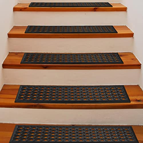 Ottomanson Indoor/Outdoor Hose-Wash Holes Design Non-Slip Rubber 10" x 30" Modern Stair Treads for Stairs, Garage, Patio, 5 Pack, Black Holes