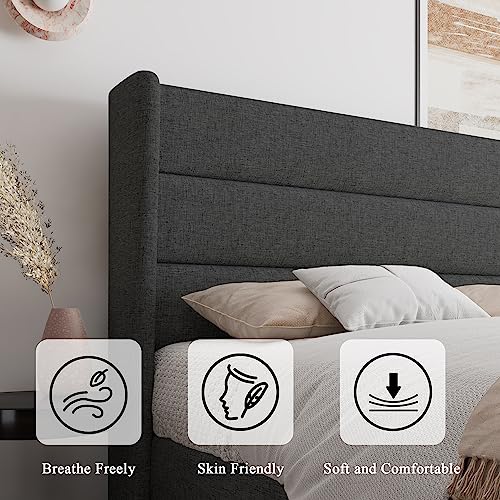 Feonase Queen Bed Frame, Upholstered Platform Bed Wingback, Wood Slats Support, No Box Spring Needed, Easy Assembly, Noise-Free, Dark Gray