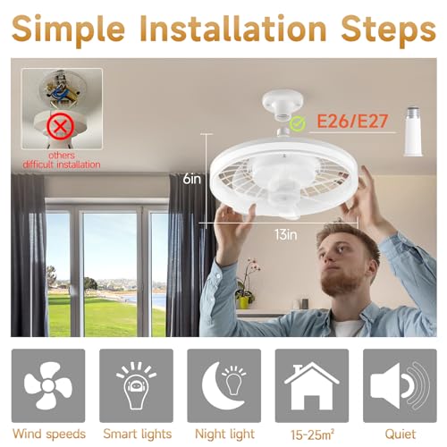 13 In Socket Fan Light with Remote & APP-2,500 lumens White Plug in Ceiling Fan, 4 Fan Speeds,3 Color Dimming, 3300K-6700K,E26/E27 Screw in Small Ceiling Fan for Bedroom, Kitchen and Living Room