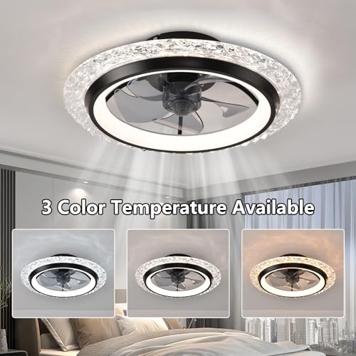KINDLOV Ceiling Fans with Lights,Flush Mount Ceiling Fan with LED Light, Remote Control, and Six-Speed Wind Adjustment,Modern Ceiling Fan with Light for Bedroom,Kitchen,Living Room,Black