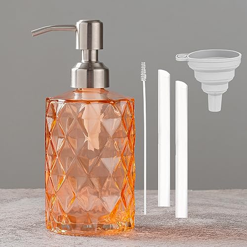 Easy-Tang 12 Oz Soap Dispenser for Kitchen,Bathroom - Refillable Wash Hand Liquid Clear Glass Bottle with Stainless Steel Pump,Ideal for Containers,Dish Detergent,Essential Oil,Shampoo Lotion (Amber)
