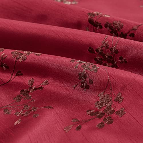 jinchan Floral Curtains Embroidered Curtains for Living Room 63 Inch Length Faux Silk Curtains Burgundy Red Flower Patterned Drapes Light Filtering Curtains Window Curtain Set 2 Panels