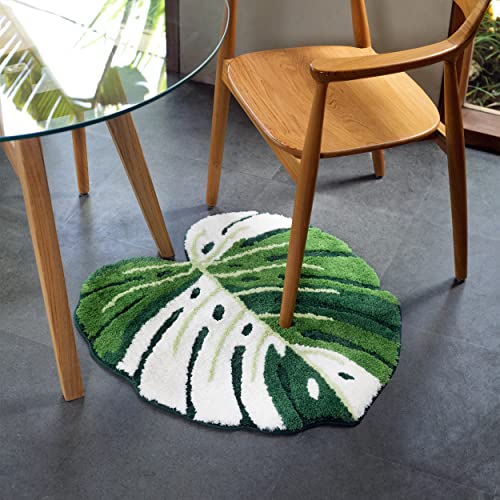 FrecklePot Pink Princess Non Slip Bath Mat or Kitchen Tufted Rug, Plant Leaf Shaped Kids Pets Floor Mat Carpet, Green, 32" x 24"