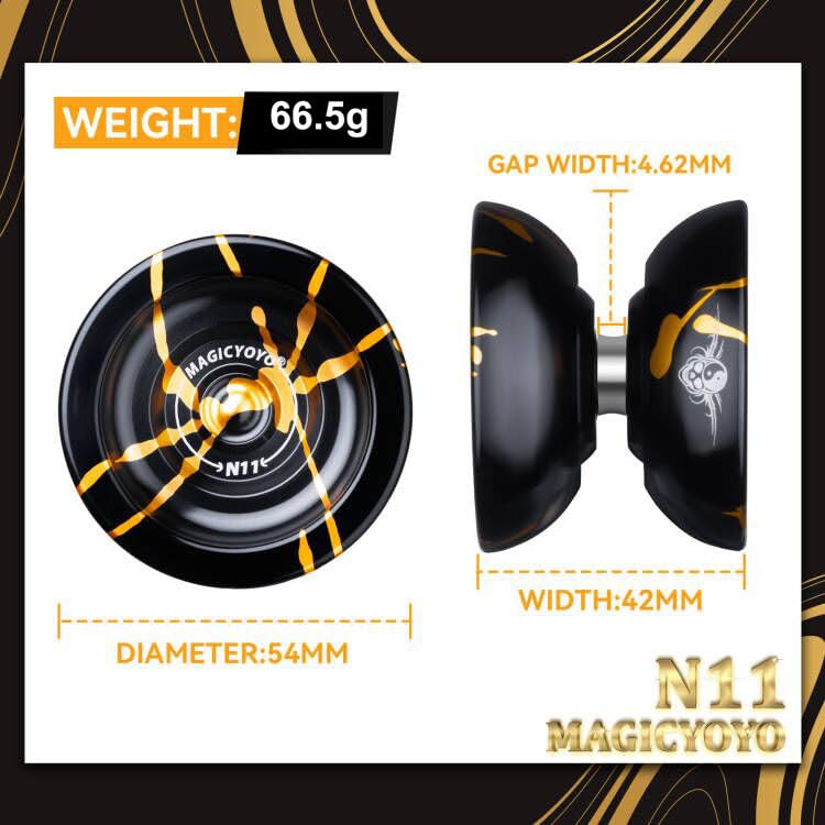 MAGICYOYO Dual Purpose Yoyos - N11 Professional Unresponsive Yoyo and K2 Responsive Yoyo, Black Golden Alloy YoYo & Blue Pink Yellow Plastic Yoyo with 2 Bags,12 Yoyo Strings, Responsive Bearings Kit