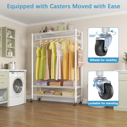 VIPEK R1C Plus Garment Rack Rolling Clothes Rack with Locking Wheels, Heavy Duty Clothing Rack Portable Closet with Adjustable Shelves & Side Hooks, White Rack with Grey Upgraded Polyester Cover