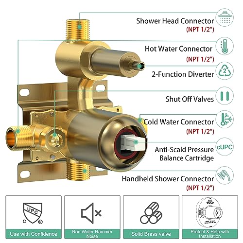 SR SUN RISE Shower Faucet - 3 Function High Pressure 10 Inch Shower System- 6 Setting Handheld Shower Head Fixtures- Valve Included Shower Faucet Set - Brushed Gold