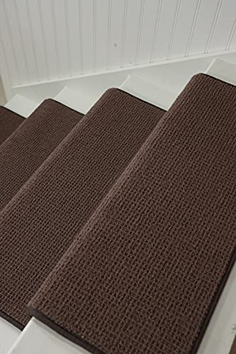 Oak Valley Designs™ Rounded Bullnose Wool Carpet Stair Treads - Anti Slip Indoor Stair Mats for Wooden Stairs, Style: Nantucket, Dark Brown, 27" W X 9.75" D (Set of 14)