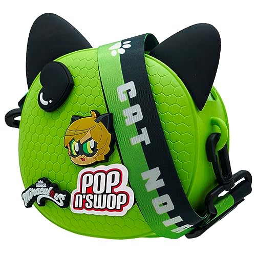 Miraculous Ladybug Pop n' Swop Green Mini Handbag with Adjustable Strap, Customizable Bag 4 Clip-on Badges, Accessory Bag, Lightweight Durable Waterproof Purse - Gift for Girls and Kids (Cat Noir)