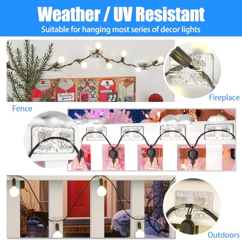 Keviyi Hooks for Outdoor String Lights Clips: 25Pcs Heavy Duty Cable Clips with Waterproof Adhesive Strips for Hanging Christmas Light - Outside UV-Resistant Clear Sticky Cord Holders Rope Organizer
