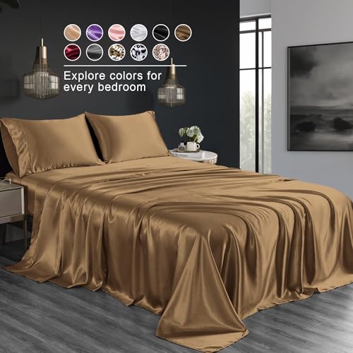 JOOKI Queen Size Satin Sheets Deep Pocket,Super Soft Cooling Sheets Queen Size,Queen Silk Sheets Set Deep Pocket,Wrinkle Free,Breathable,Yellow Leopard