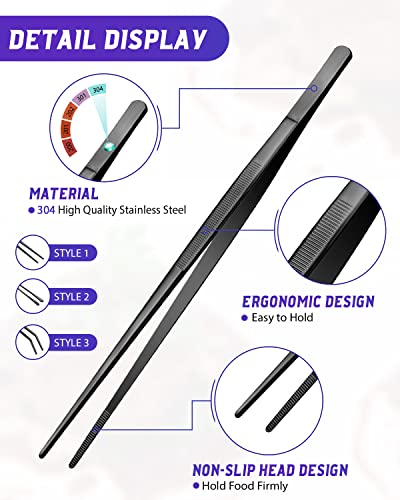3 Pcs Kitchen Long Tweezers Tongs, 10 In Stainless Steel Fine Tweezers Set, Professional Food Tweezers Tongs for Cooking, Baking, Repairing, Pet Feeding, Art(BLACK)