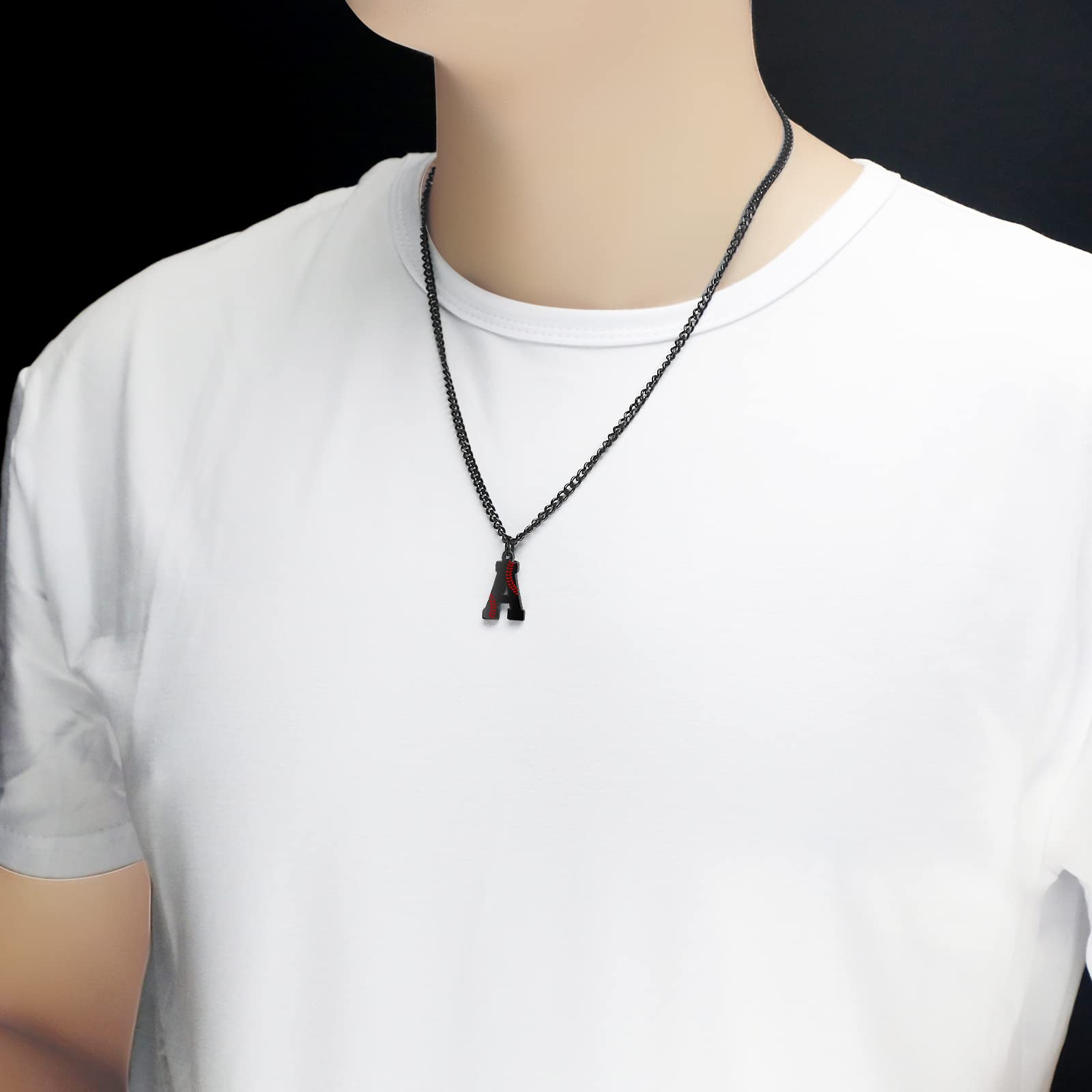 AIAINAGI Baseball Initial A-Z Letter Necklace for Men Baseball Charm Pendant Stainless Steel Black Chain 22inch Personalized Baseball Gift for Men(J)