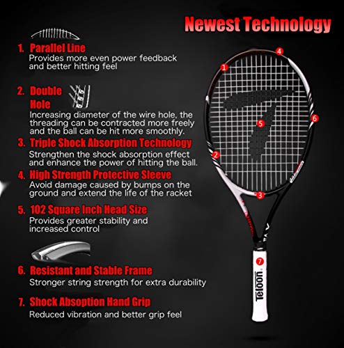 Teloon Sensus Series | Triple Shock Absorption | Adult Tennis Racquet, Women Tennis Racket Includes Bag Cover, Shock Absorber, Tennis Grip (Flame Red)