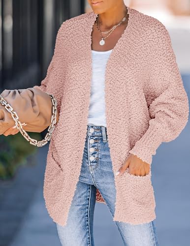 ZESICA Women's 2024 Fall Winter Popcorn Long Sleeve Open Front Chunky Knit Oversized Cardigan Sweater Coat,Orange,Large