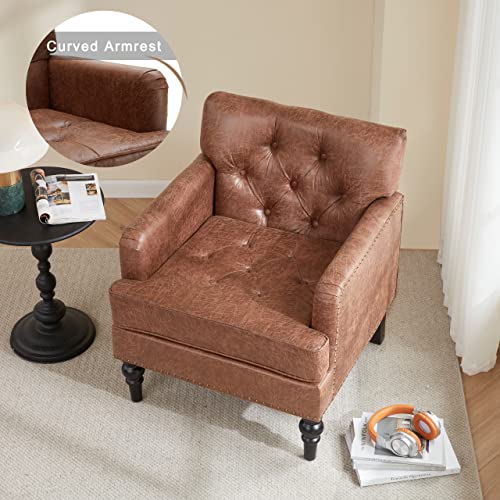 Iroomy Accent Chair for Living Room, Mid Century Modern Armchair with Thick Cushion and Wood Frame, Comfy Reading Sofa Chair for Bedroom, Brown