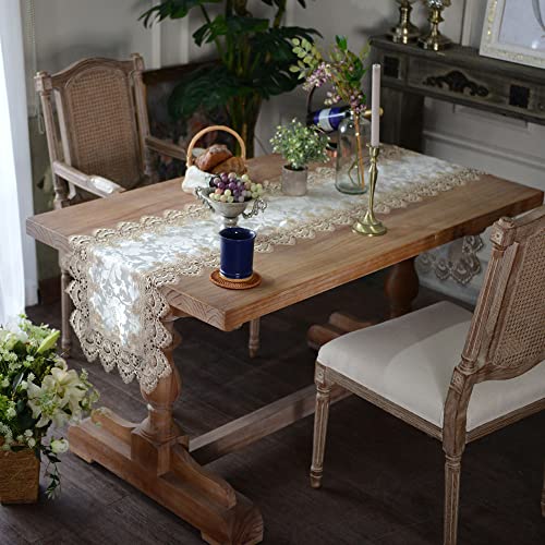 ARTABLE Lace Table Runner Macrame Farmhouse Boho Christmas Rustic Embroidered Dresser Scarf Oblong for Wedding Shower Kitchen Outdoor Party Decor (Light Brown, 16 x 35 Inch)