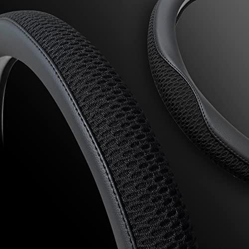 LKWLIKEI Car Steering Wheel Cover, Universal 15 inch, The Latest Microfiber Leather Breathable Technology Fabric, Non-Slip, Comfortable, Warm in Winter and Cool in Summer, Black