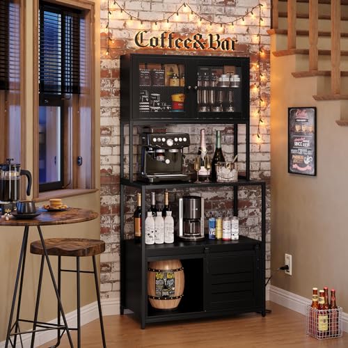 Furniouse 6-Tier Kitchen Bakers Rack with Power Outlet, Industrial Microwave Oven Stand with Shelves, Kitchen Utility Storage Shelf with Cabinet, Standing Kitchen Storage Rack (Black)