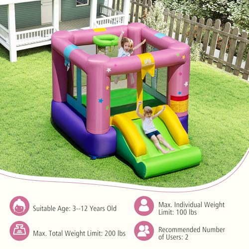 BOUNTECH Inflatable Bounce House, Bouncy House for Kids 3-12 Indoor Outdoor w/480W Blower, Jumping Area, Slide, Basketball Game, Mini Bounce House for Toddler Boys Girls Birthday Party Backyard Gifts