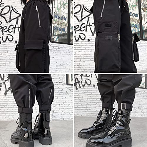 MEINVQIAOTI Black Cargo Pants Women Loose Chained Pants Multi-Pocket Multi-Zip Punk Goth Pants(Black,XS)
