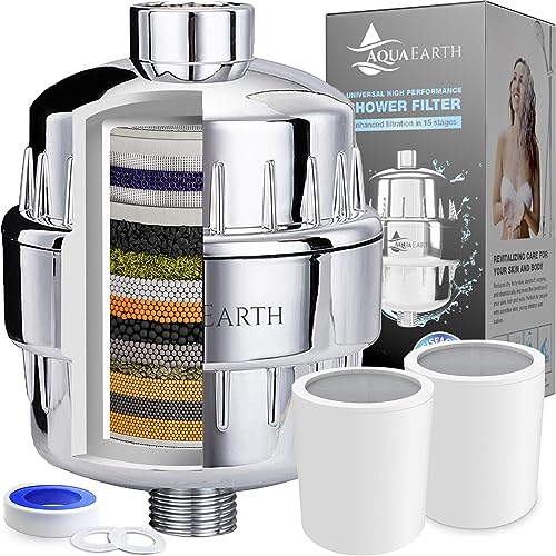 Shower Head Filter For Hard Water to Remove Chlorine Fluoride Water Softener Coconut Shell Activated Carbon Reduces Dry Itchy Skin Heavy Metals Other Sediments Vitamin C Aqua Earth
