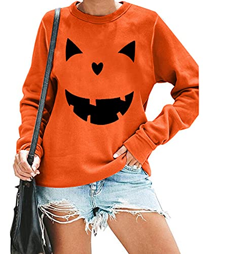 Women's Halloween Pumpkin Face Long Sleeve Sweatshirts Lightweight Casual Pullover Tops (S, Black)
