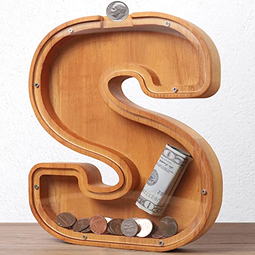 Wooden Letter Piggy Bank for Kids Boys Girls Large 26 Alphabet Money Bank Personalized Custom Name Transparent Saving Coin Bank, Perfect Christmas,Birthday Gift for kids Adults and Home Decoration (I)