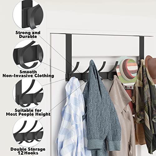 Peasulin Over The Door Hooks, Sturdy Door Hanger, Large Over The Door Towel Rack with 12 Hooks, Heavy Duty Easy to Install, for Bathroom, Bedroom,Kitchen,Hanging Towels, Coats (Black).