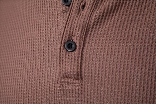 DELCARINO Men's Causal Pullover Hoodie Lightweight Solid Color Hooded Sweatshirt Tops Long Sleeve Waffle-Knit Henley Shirt (Small, Brown)