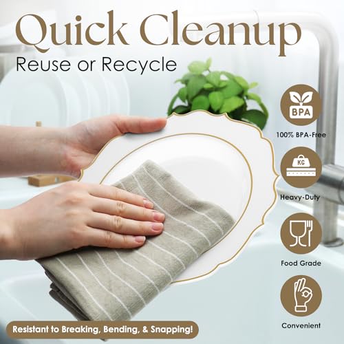 Elegant Gold Plastic Dinnerware Set (350 Pcs) - Includes 50 Dinner Plates, 50 Dessert Plates, 50 Napkins, 50 Cups & Gold Silverware. Ideal for Weddings, Parties & Events. (Modern)