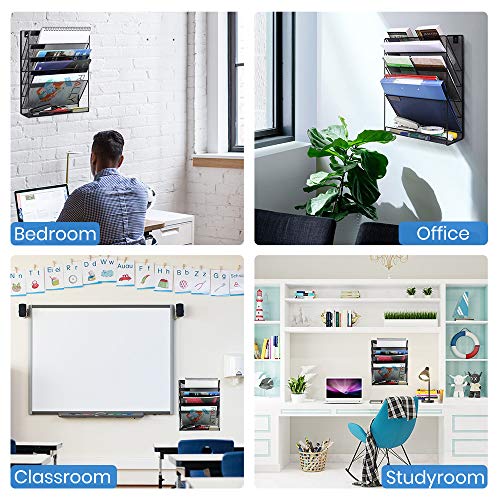 TreeLen Mesh Hanging Wall File Organizer 6 Tier Vertical Mount, Durable Wall File Holder with Bottom Flat Tray for Office Home, Black