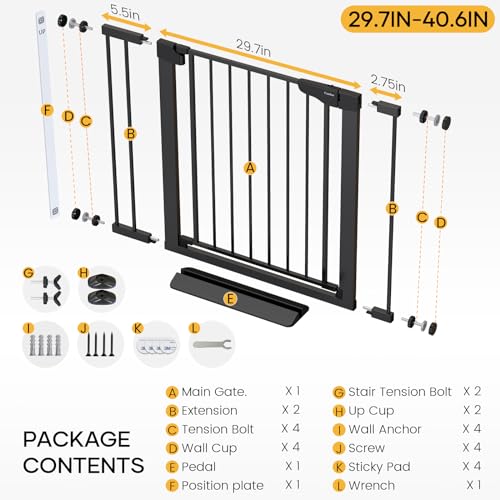 Cumbor 29.7-40.6" Baby Gate for Stairs, Baby Essential Safety Gate, Mom's Choice Awards Winner-Dog Gate for Doorways, Pressure Mounted Auto-Close Pet Gates for Dogs Indoor, Durable Child Gate, Black