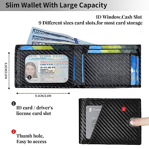 Mens Wallet Slim, Slim Wallet for Men, RFID Blocking Genuine Leather Wallets for Men with ID Window|Bills Slot|9 Card Slots, Easy Access Mens Slim Wallet with 2 Outer Pocket, Best Gifts for Men