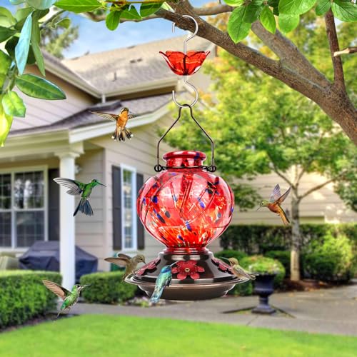 BOLITE Hummingbird Feeder, Hand Blown Glass Hummingbird Feeders for Outdoors Hanging, 22 Ounce, Five Feeding Ports with Perch, Peony Flower Shape, Red