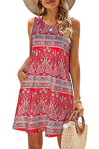 SimpleFun Vacation Dresses for Women Tropical Trendy Sleeveless Floral Sundresses with Pockets Light Green,S
